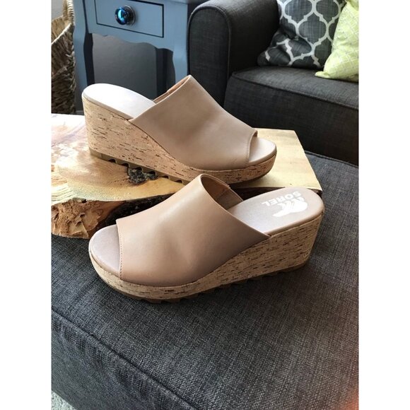 Sorel Cameron Cork Wedge Slip on Sandals Tan Beige Size 8 - Picture 1 of 8